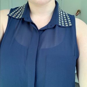 Studded Collar Navy Chiffon Dress Blouse